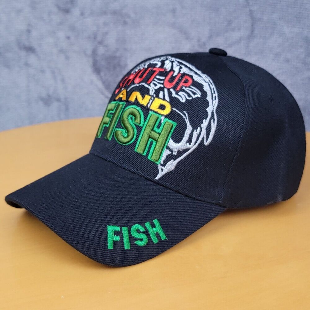 Embroidered Shut Up & Fish Fishing Hat Black Adjustable Hook & Loop Trucker Cap